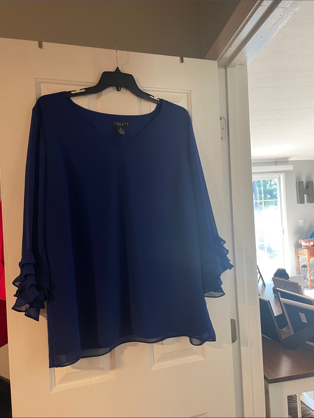 Grace Elements Royal Blue Ruffle Sleeve V-Neck Blouse